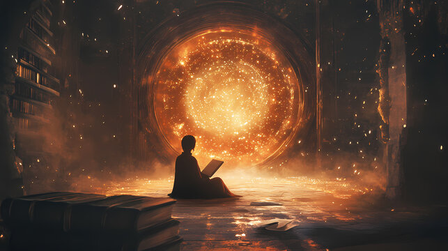 A silhouette of a person can be seen against the glimmering portal their stance suggesting they are a scholar or alchemist studying . . Alchemy. Illustration