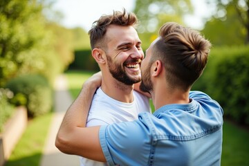 Obraz premium Joyful Embrace: Two Men Sharing a Heartwarming Moment in a Lush Green Park