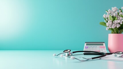 Medical tools and a plant on a desk with a calculator.