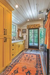 Yellow Bathroom Vanity With Orange Rug And French Doors