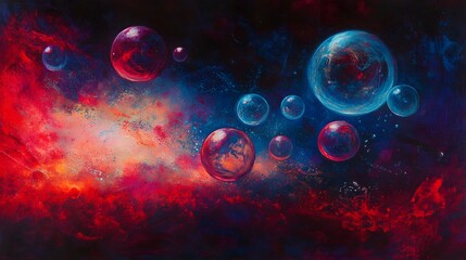 Naklejka premium Cosmic Bubbles Drifting Through Red And Blue Nebula