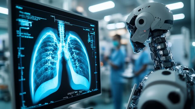Robot analyzing lung x-ray on a monitor in a modern hospital.