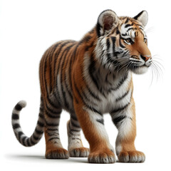 Tiger isolated on a white background, Side view, tiger standing full HD image generated by Ai. full body, realistic, full detail looking at the camera.