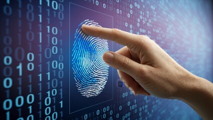 Human hand touching digital fingerprint scan interface