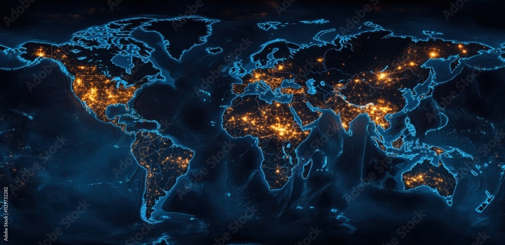 Poster a map of the world with blue lights connecting cities across continents, representing the global net