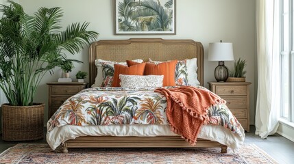 Tropical Bedroom Decor With Wooden Bed And Plants