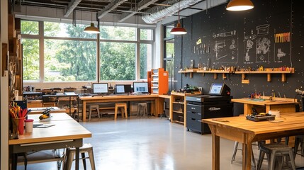 Bright makerspace with computers, 3D printers, and workbenches.