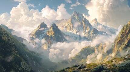 Majestic Mountains Surrounded by Fluffy White Clouds Under Blue Sky