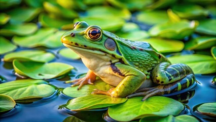 Naklejka premium Macro view of a frog perched on a water hyacinth, showcasing vibrant pond life.