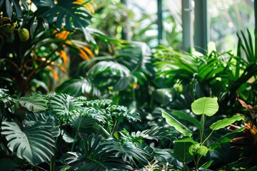 Obraz premium Green plants in botanical garden create a fresh natural background like a fragment of a greenhouse filled with tropical and indoor plants promoting