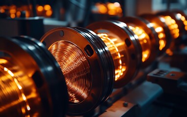 Obraz premium A hightech electric motor winding section, closeup of copper wire spools on automated machines, advanced winding process, glowing copper strands, ultrarealistic, sharp 8K clarity