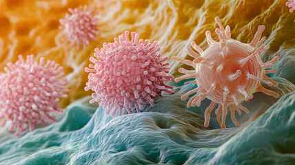 Microscopic view of immune cells attacking virus.  Medical concept.