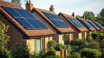 Fototapeta premium Row of houses with solar panels on roofs. Eco friendly homes. Sustainable energy solutions. Modern architecture. Green environment. Houses with renewable energy. Residential area. Sunny day.