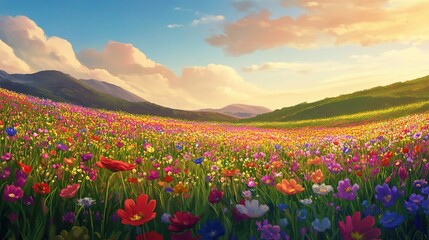 Colorful Wildflower Meadow Under Bright Sky at Sunset