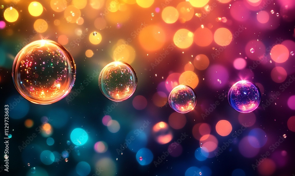 Poster colorful glowing orbs float in a bokeh background.