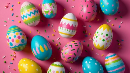 Fototapeta premium Retro painted easter eggs on pink background