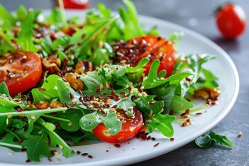 Green salad with tomatoes nuts and flax seeds on white plate