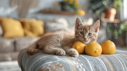 Adorable ginger kitten resting on lemons.