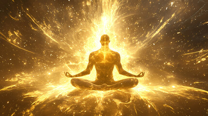 Obraz premium Radiant meditative figure bathed in golden cosmic energy symbolizing spiritual awakening enlightenment and the power of universal connection. Nirvana. Illustration