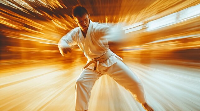 Karateca in dynamic motion, blurred background.