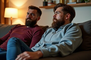 Obraz premium Two Men Relaxing on Sofa at Home, Perfect for Lifestyle and Friendship Content