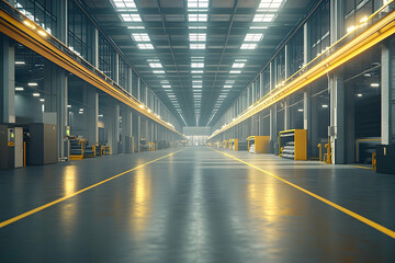 Obraz premium Modern industrial warehouse interior with high ceilings, lighting, and machinery.