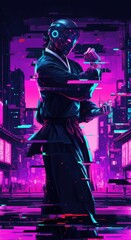 **Caption**: Futuristic cyberpunk warrior in neon-lit cityscape with glitch effects, AI