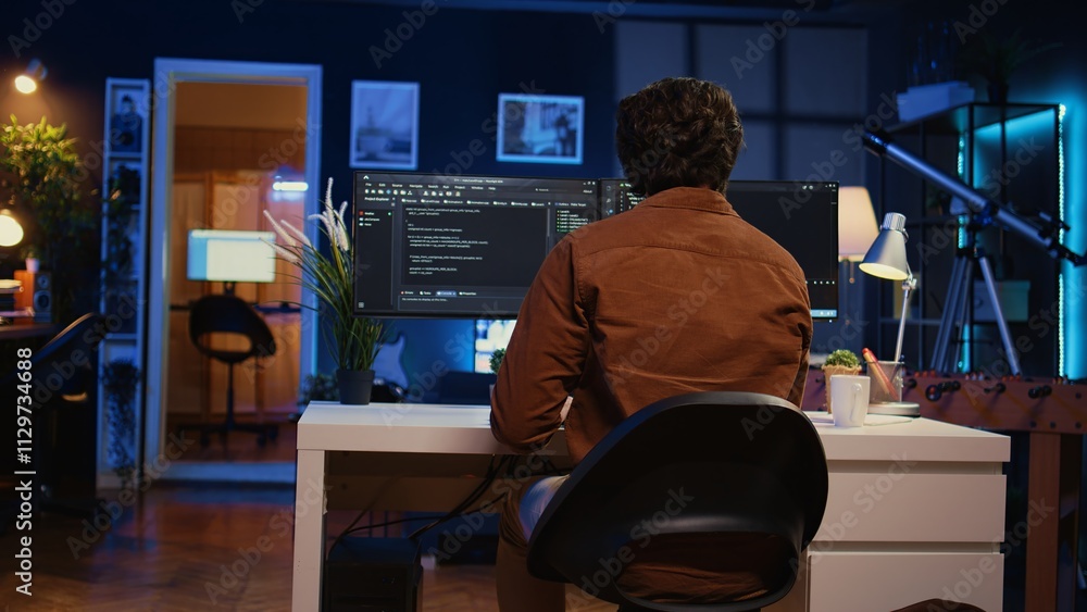 Poster engineer arriving in home office with mug of coffee in hand, ready to start coding using javascript.
