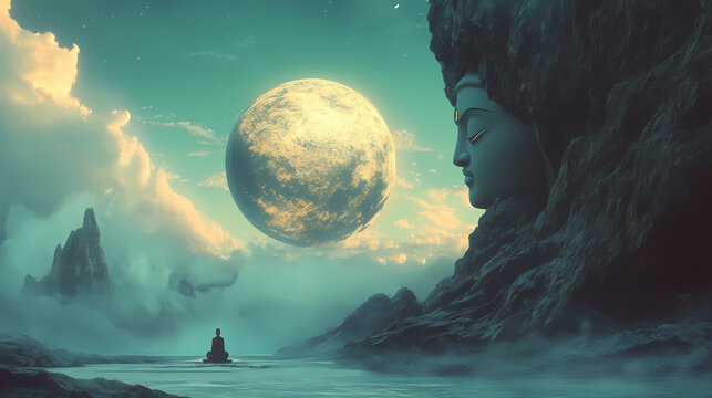 The pursuit of enlightenment is a voyage of self-exploration and spiritual advancement, taking us from the limitations of our ego to the divine sphere. Nirvana. Illustration