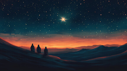 Fototapeta premium Three wise men journeying under a magnificent star in a breathtaking night sky with brilliant stars twinkling above glowing hills of a serene landscape. Nirvana. Illustration