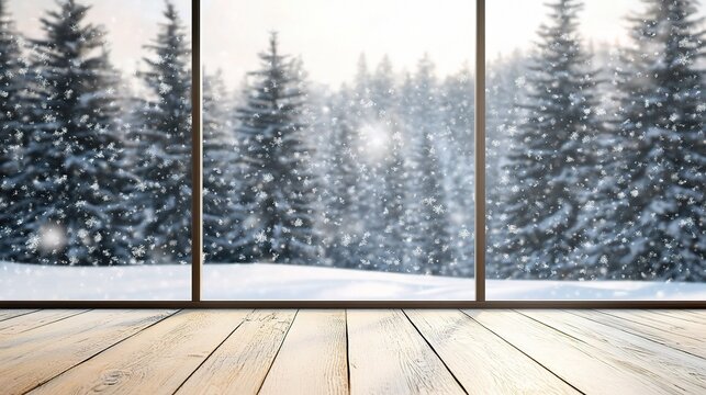 Serene Winter Scene through a Blurred Glass Window with Snowfall