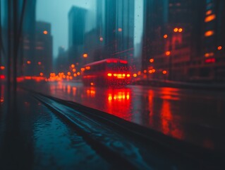 Obraz premium Rainy City Night Bus Ride Blurry Lights