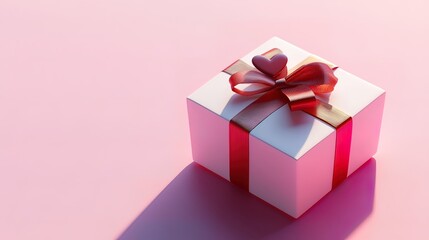 Obraz premium A white square gift box with a red and gold ribbon and two small hearts on a pink background.