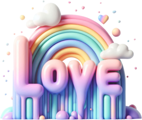 부드럽고 동글동글한 모양의 'Love'글자와 무지개 3D 오브제The soft and round-shaped 'Love' letters and rainbow 3D object,Generative AI