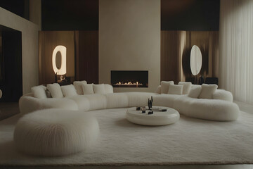 Modern minimalist living room with curved sofa, fireplace, and plush rug.