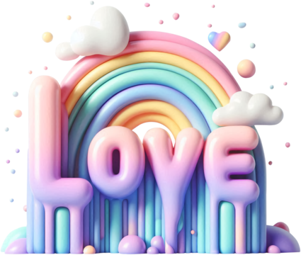부드럽고 동글동글한 모양의 'Love'글자와 무지개 3D 오브제The soft and round-shaped 'Love' letters and rainbow 3D object,Generative AI