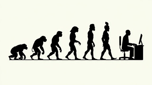 Evolution of man from ape to computer user in a humorous illustration
