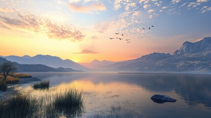 Obraz premium Serene Lake with Majestic Mountains and Soft Clouds at Dusk