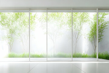 Modern minimalist room with large window showing tranquil garden.