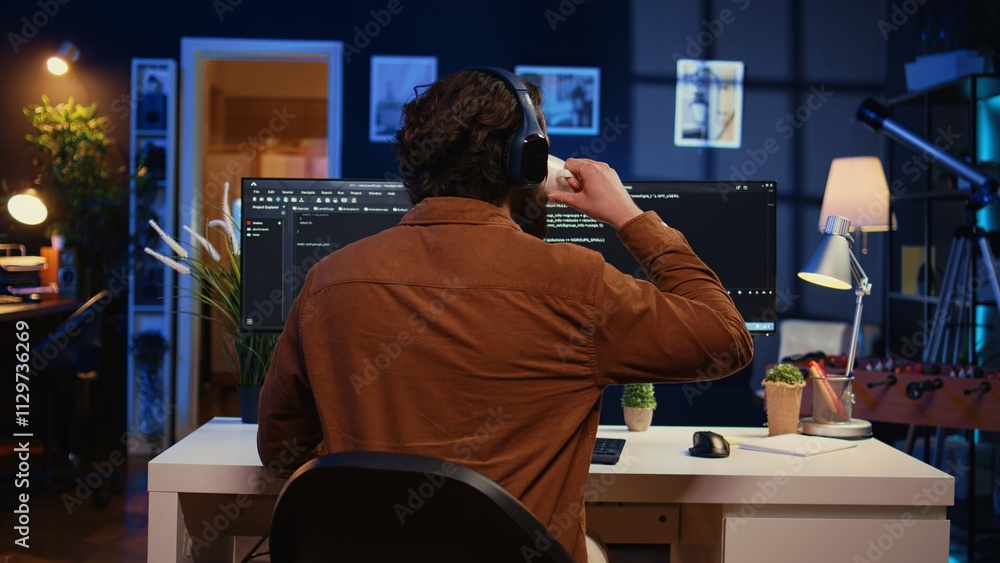 Poster man doing it support job from apartment office, drinking cup of coffee and listening music while cod