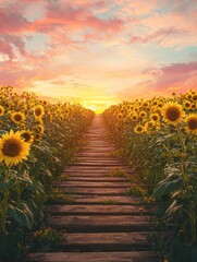 A rustic wooden path through a sunflower field at sunrise, with the sky painted in soft pinks and oranges