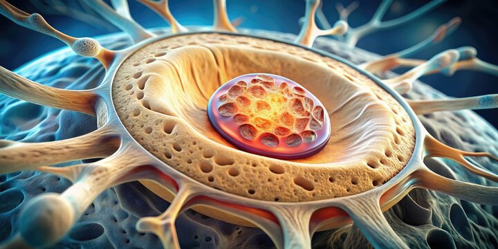 Microscopic examination reveals nucleus pulposus fragmentation characteristic of degenerative disc disease.