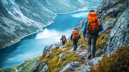 Groups of hikers navigate a challenging trail, their bright backpacks contrasting with the rocky terrain and serene lake far below. Nature surrounds them, adding to the adventure