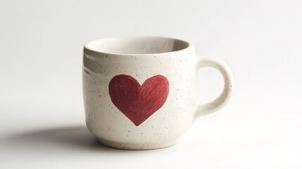 Cream mug with a red heart design on a white background.