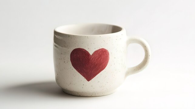Cream mug with a red heart design on a white background.