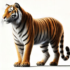 Obraz premium Tiger isolated on a white background, Side view, tiger standing full HD image generated by Ai. full body, realistic, full detail looking at the camera.