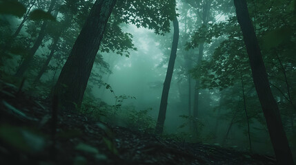Naklejka premium Mysterious fog shrouds a dense, dark forest.