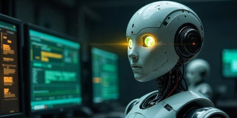 Advanced humanoid robot interacting with computer systems in a futuristic technological environment