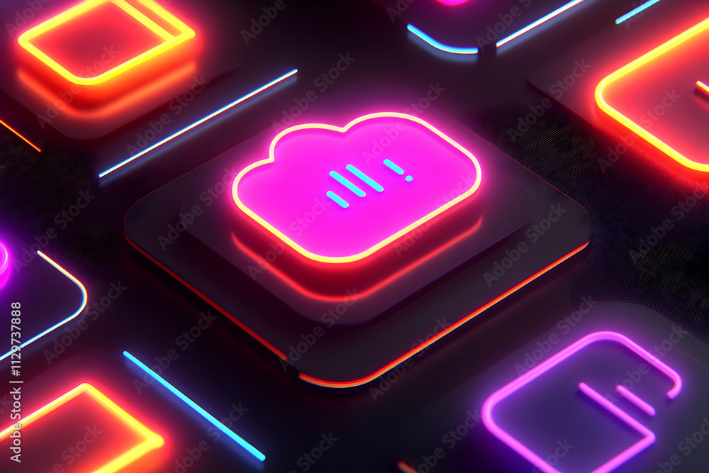 Poster neon cloud data storage icon on dark background.
