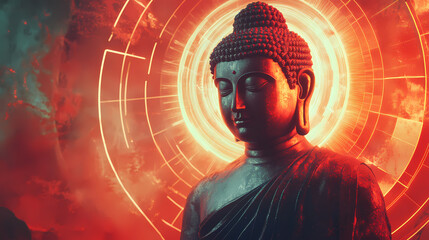 Radiant buddha statue with a glowing halo and mesmerizing abstract geometric background this digital exudes a sense of spirituality enlightenment and transcendental energy. Nirvana. Illustration